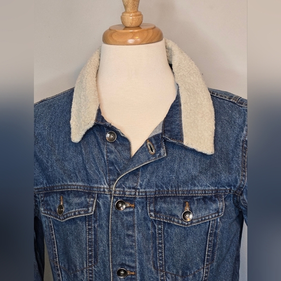 Vtg Hollywood Men's Sherpa Collar Jean Jacket Western Denim Wash trucker Chore M - Picture 9 of 9
